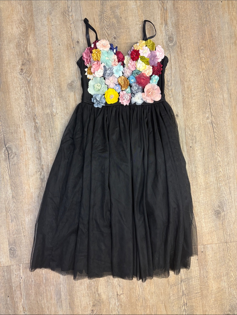 Women’s Black Dress with Multicolor Floral Bodice